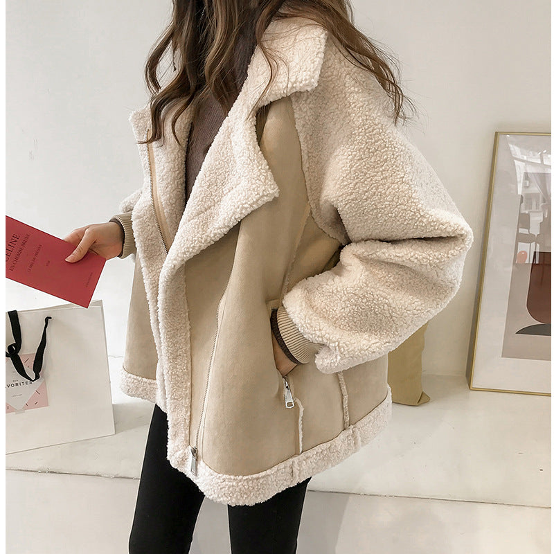 Suede Jacket Women Short Lamb Velvet Motorcycle Jacket - frans