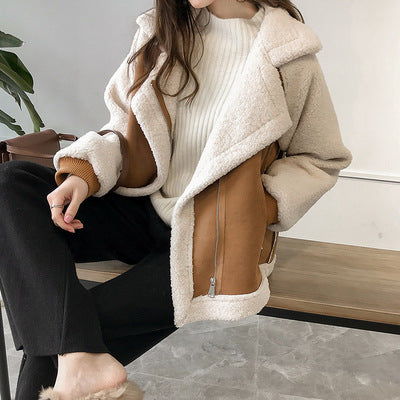 Suede Jacket Women Short Lamb Velvet Motorcycle Jacket - frans