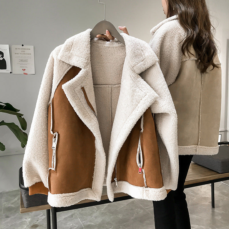 Suede Jacket Women Short Lamb Velvet Motorcycle Jacket - frans