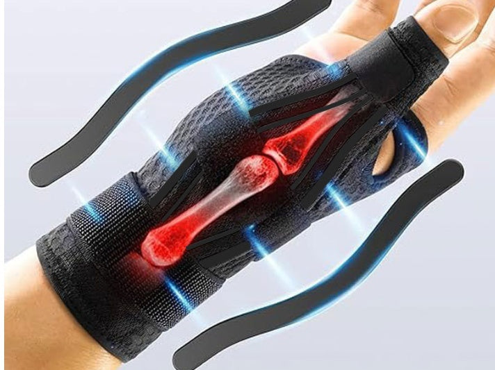 Frans thumb protection anti-sprain sleeve showing a close-up of a black protective sleeve on a thumb for injury prevention.